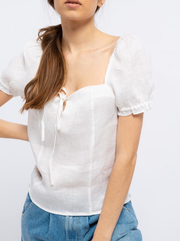 Linen blouse with balloon sleeve