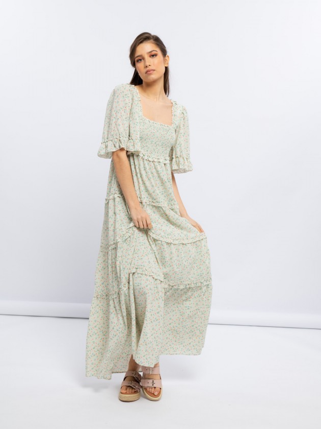 Printed long flowing dress with ruffles