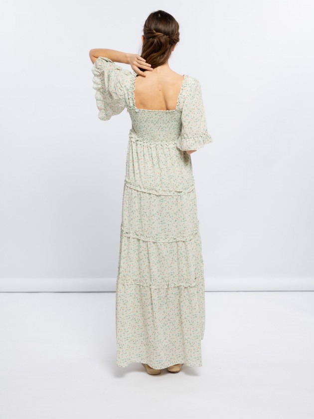 Printed long flowing dress with ruffles