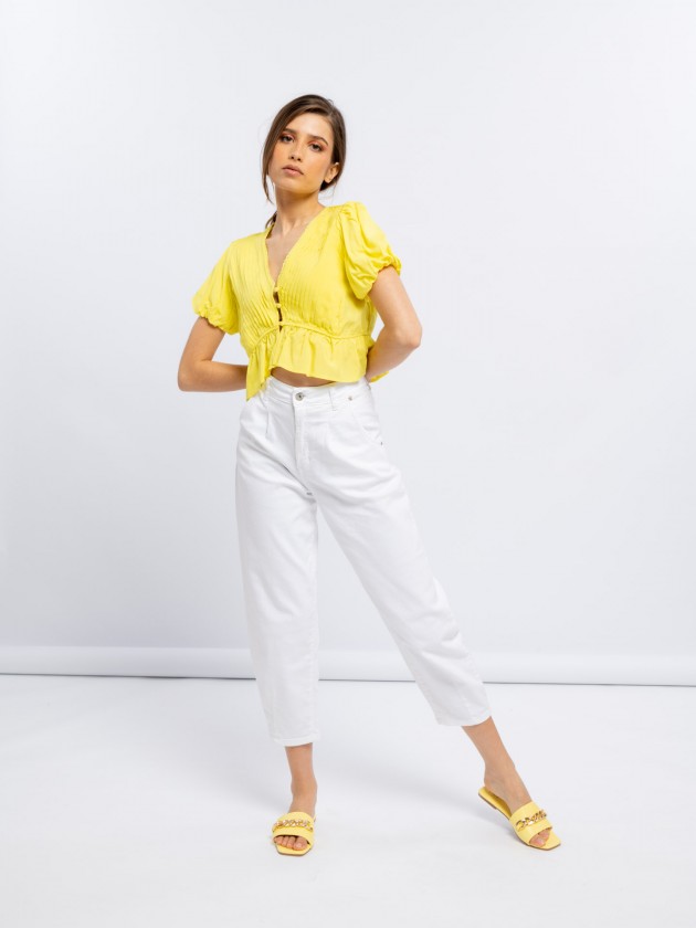 Short draped top with balloon sleeves