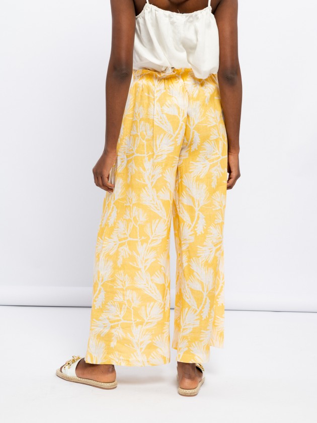 Linen printed wide leg trousers