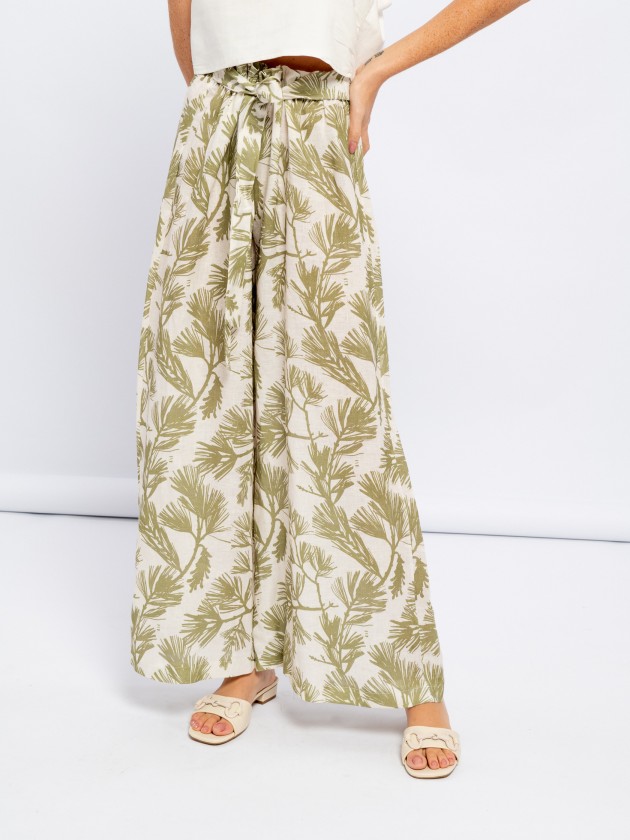 Linen printed wide leg trousers