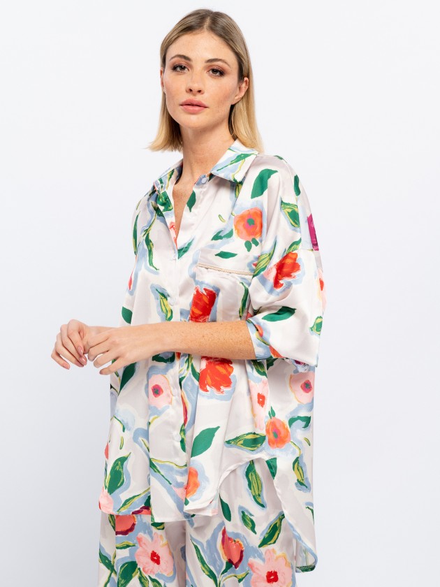 Satin tunic with floral print