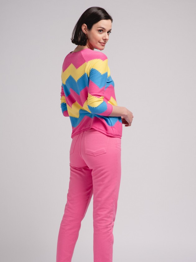 Camisola de malha efeito zig-zag tricolor