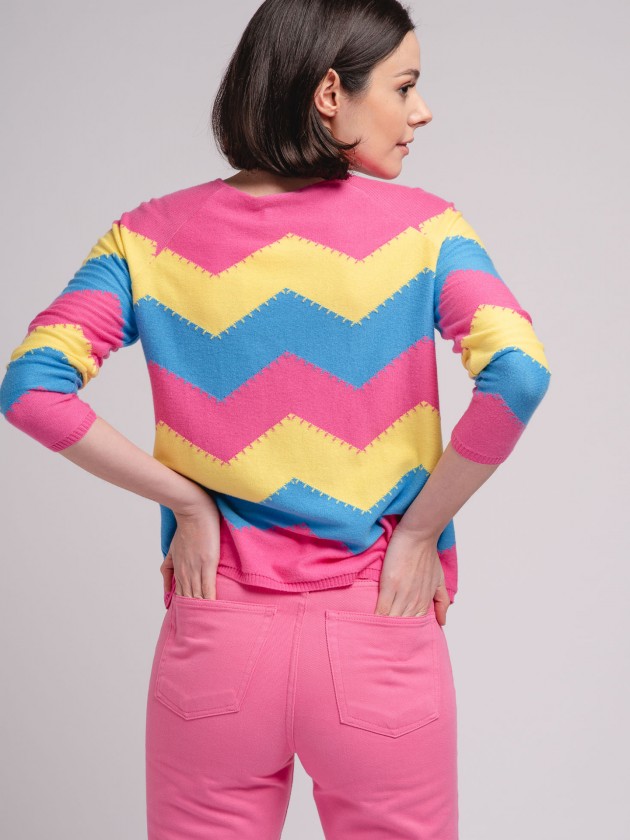 Camisola de malha efeito zig-zag tricolor
