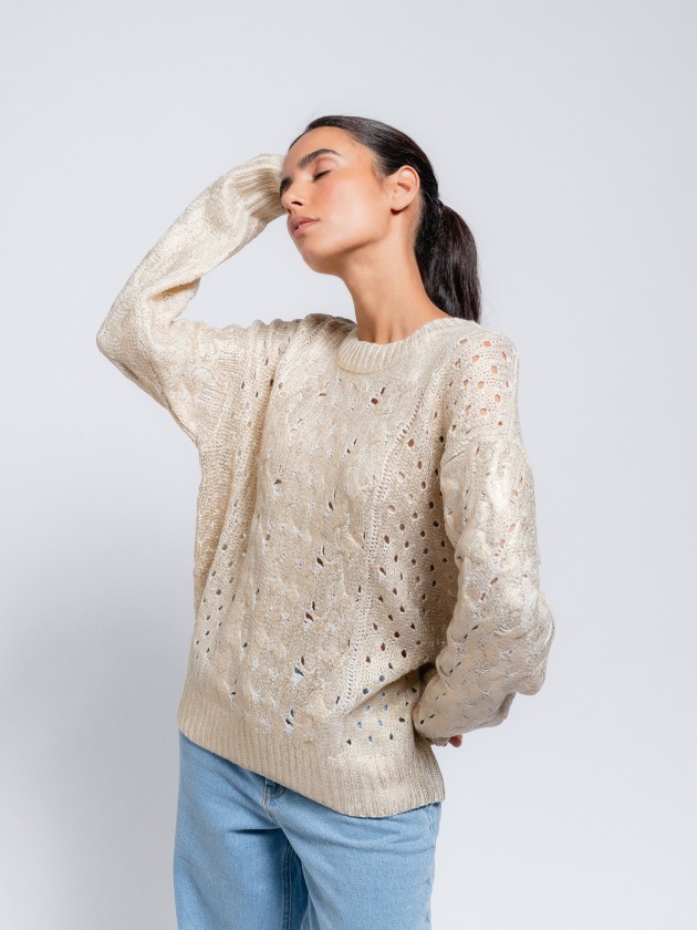 Gold round neck cable knit loose sweater