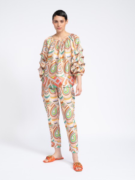Satin printed blouse with gathered sleeves