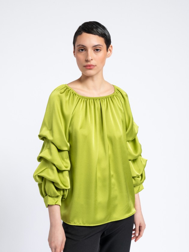 Satin tunic with gathered sleeves