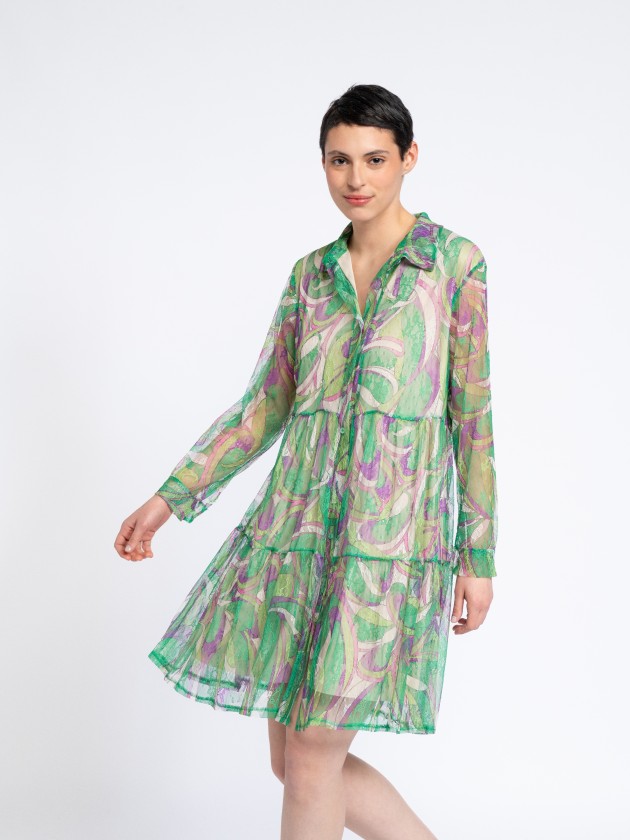 Vestido estampado transparente com encaixes