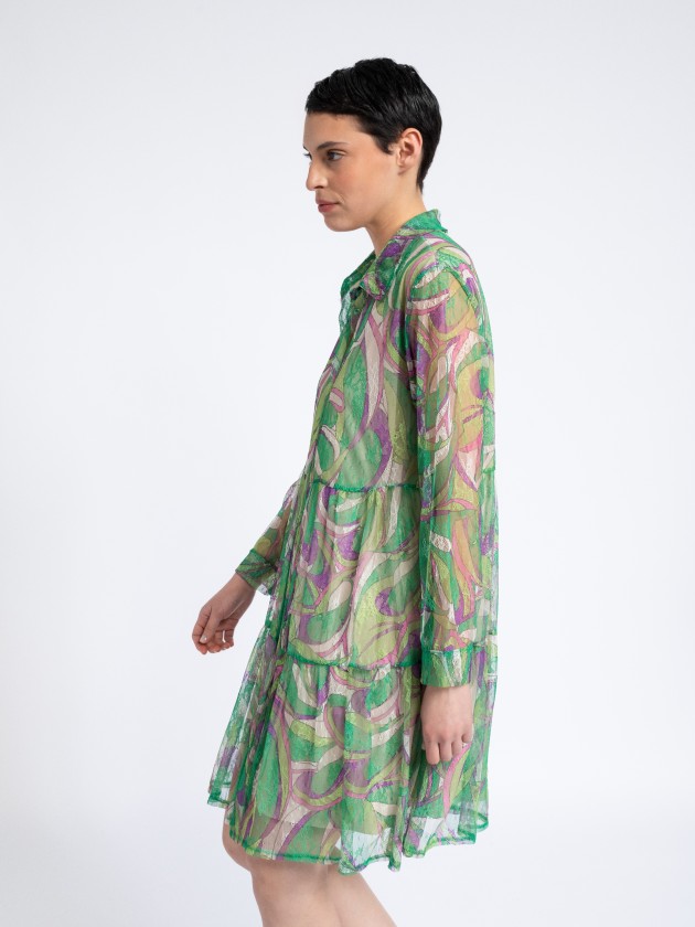 Vestido estampado transparente com encaixes