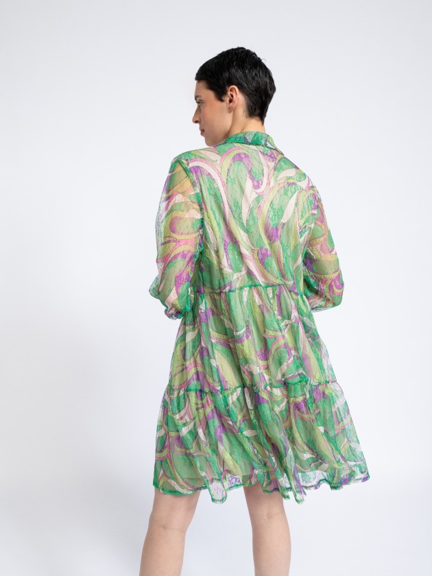 Vestido estampado transparente com encaixes