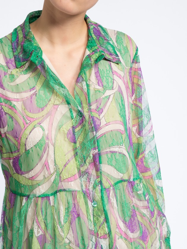 Vestido estampado transparente com encaixes
