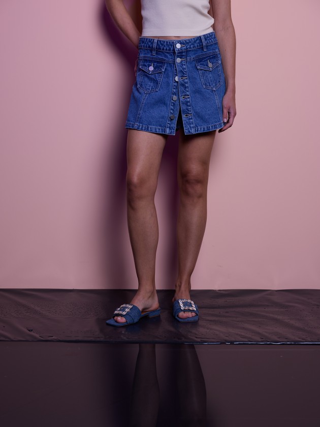 Denim skirt-shorts with buttons at the front