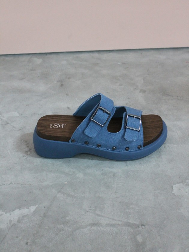 Denim sandals with wooden sole
