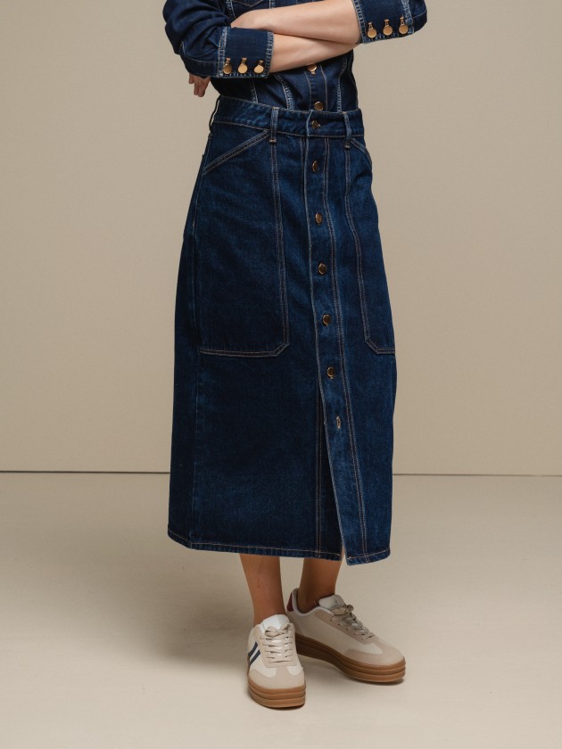 Denim midi skirt with buttons