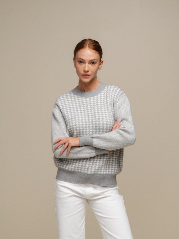 Knit sweater with jacquard and round neckline