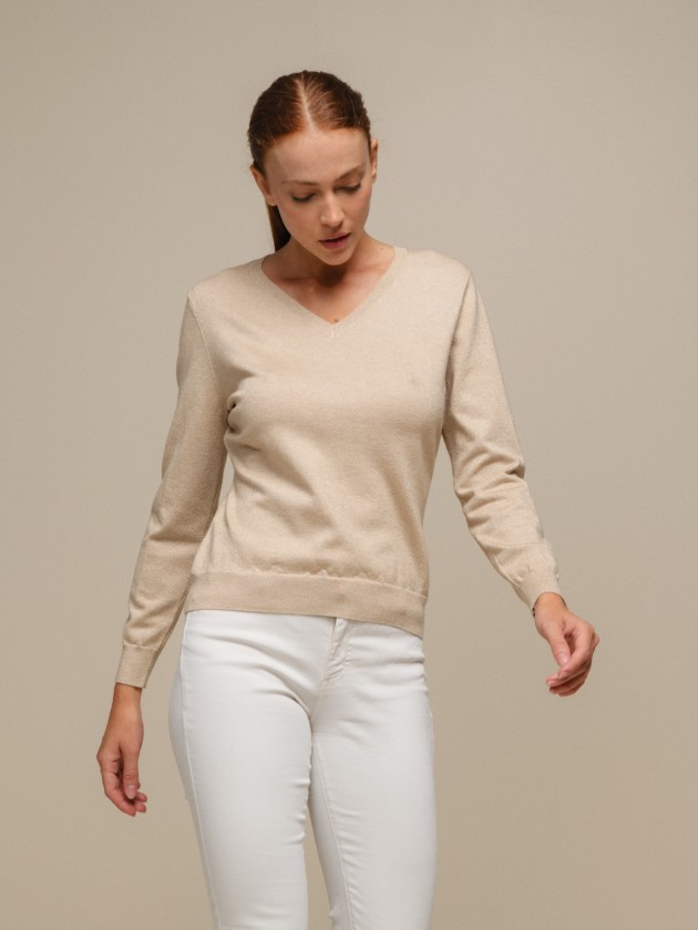 Knit sweater with lurex and v-neck