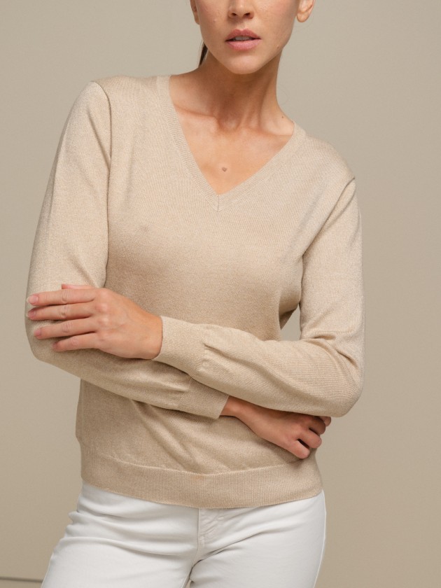 Knit sweater with lurex and v-neck