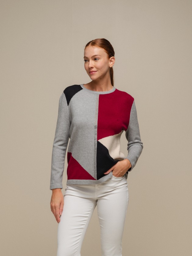 Multicolor knitted sweater with round neckline