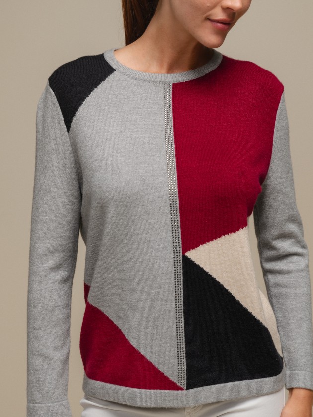 Multicolor knitted sweater with round neckline