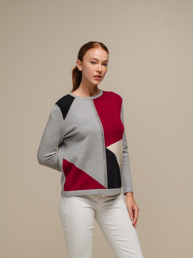 Multicolor knitted sweater with round neckline