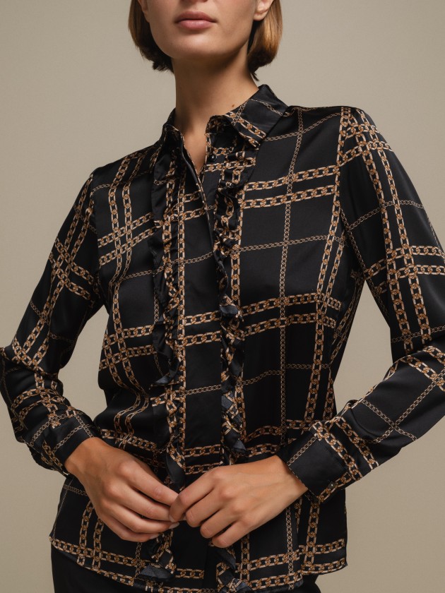 Printed satin blouse with ruffles