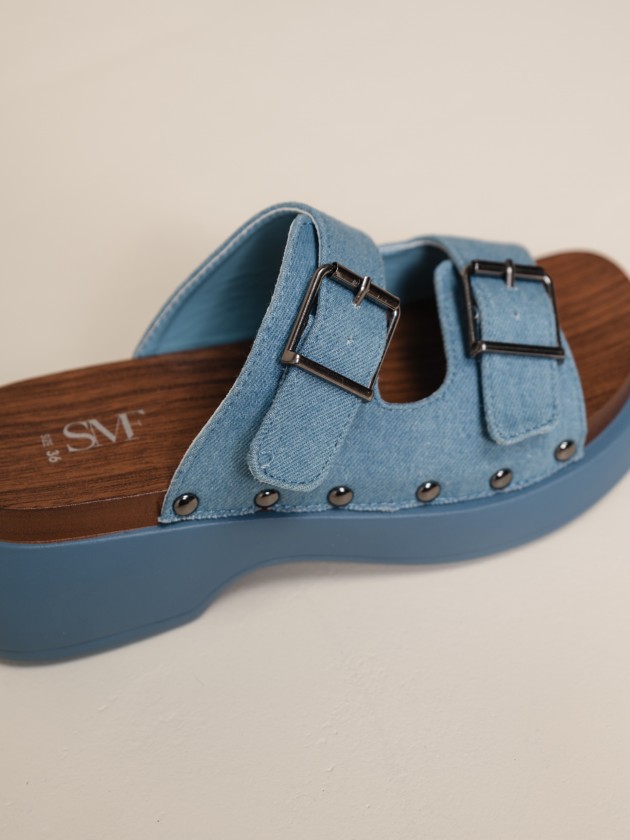 Denim sandals with wooden sole