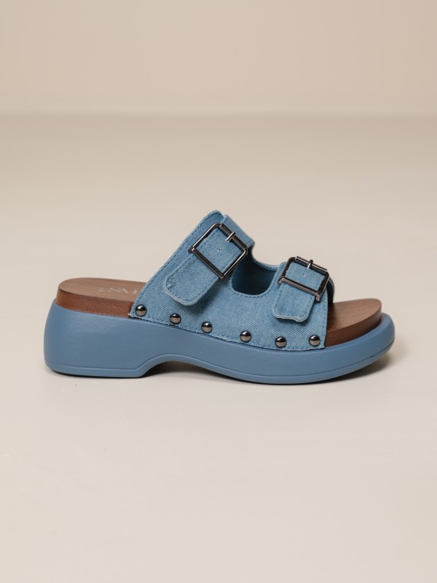 Denim sandals with wooden sole