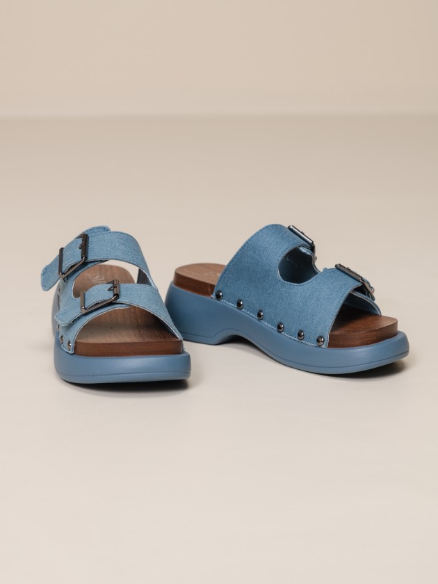 Denim sandals with wooden sole