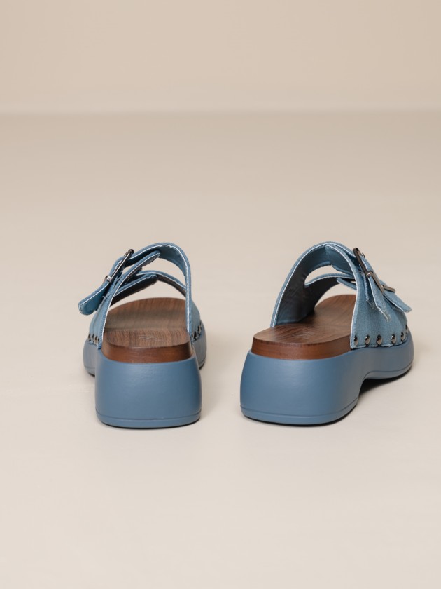 Denim sandals with wooden sole