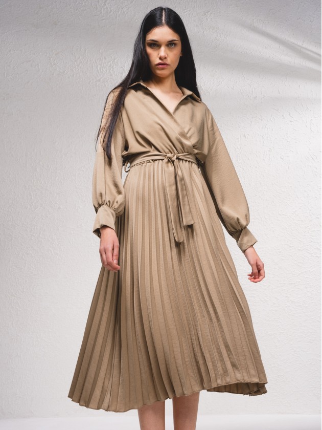 Vestido manga comprida combinado plissado