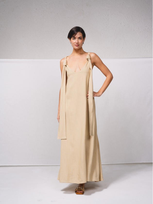 Vestido comprido em mistura de linho