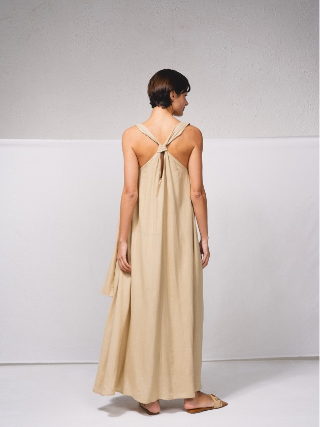 Vestido comprido em mistura de linho