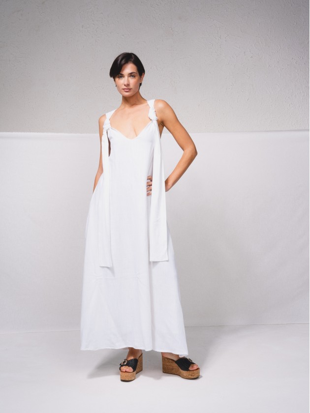 Vestido comprido em mistura de linho