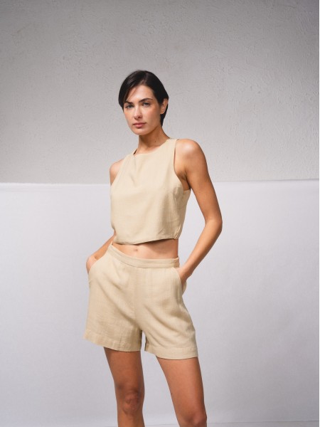 Cross-back linen blend top