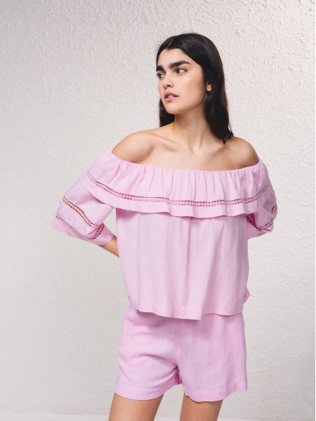 Linen blend bandeau tunic with embroidery