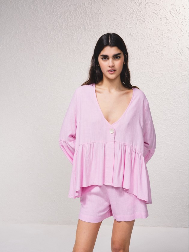Blusa em mistura de linho com folhos
