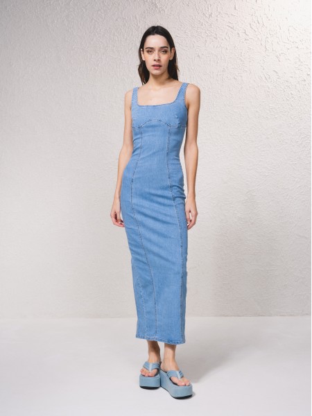 Long denim dress with zip
