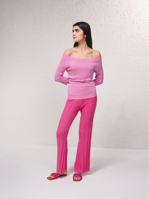 Camisola em lurex de ombros descobertos