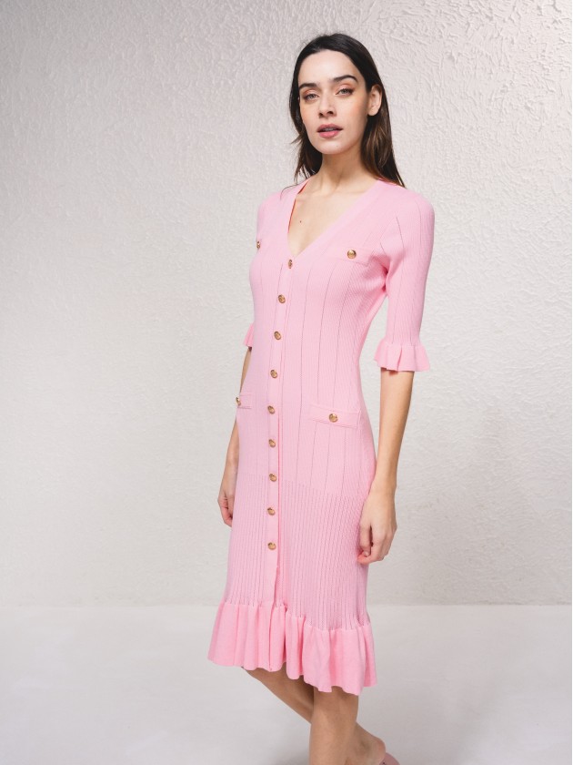 Vestido em malha com botes dourados