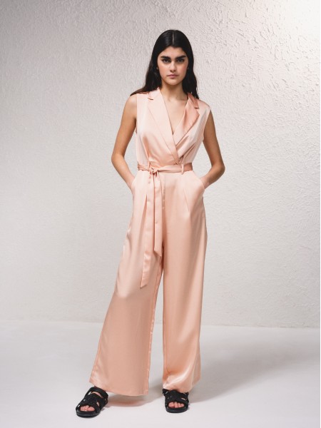 Long satin jumpsuit with v-neck