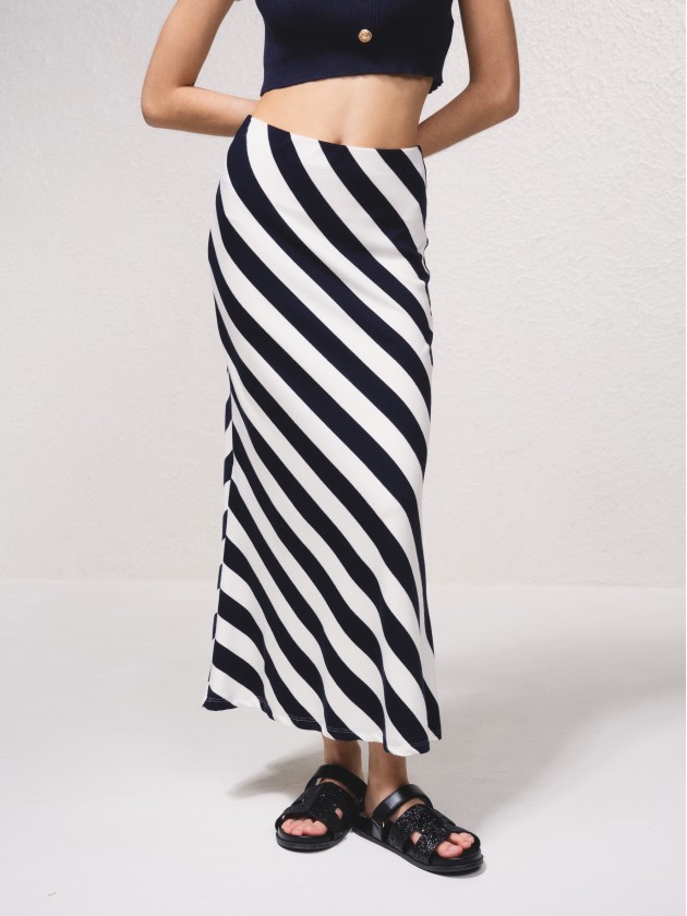 Saia midi com estampado riscas