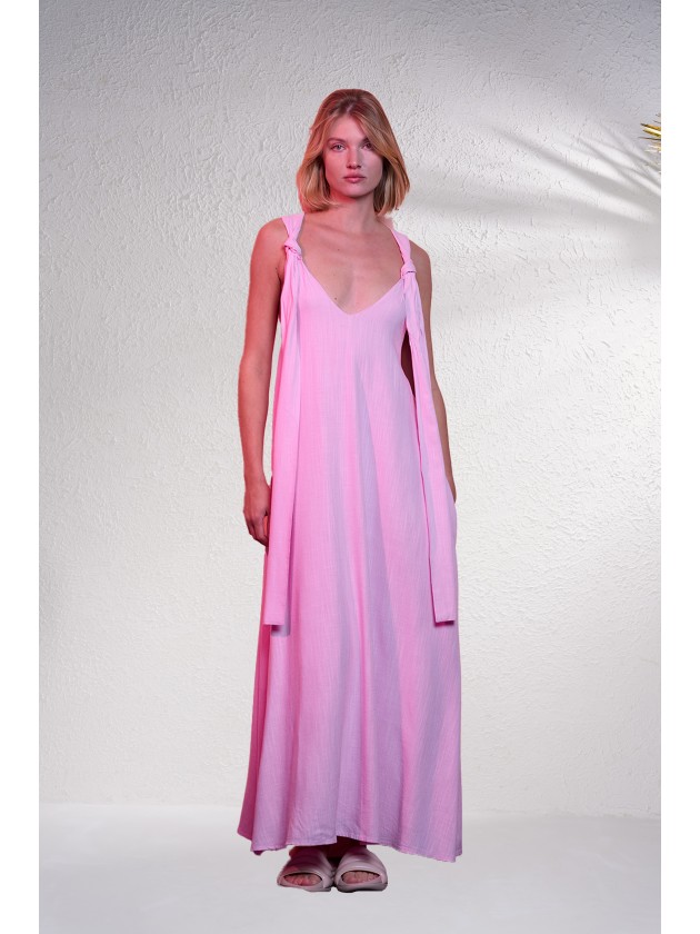 Vestido comprido em mistura de linho