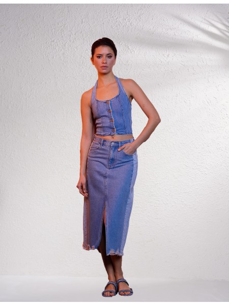 Top em denim com botes a frente