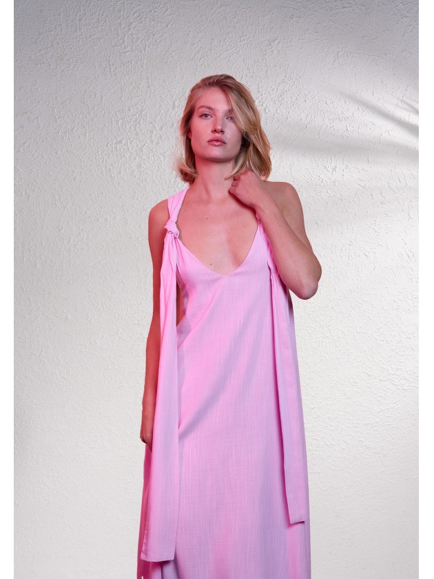 Vestido comprido em mistura de linho