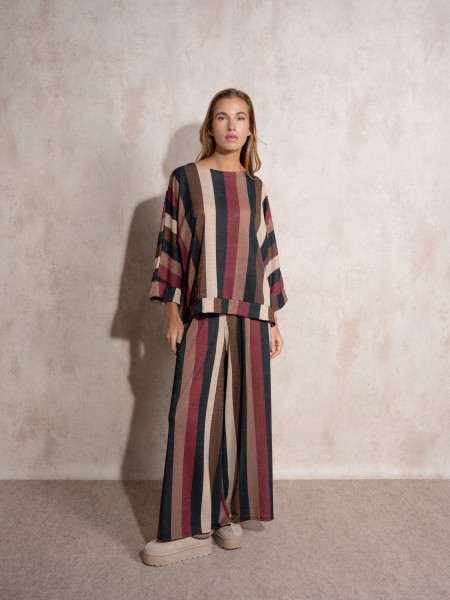 Fluid metallic thread striped trousers