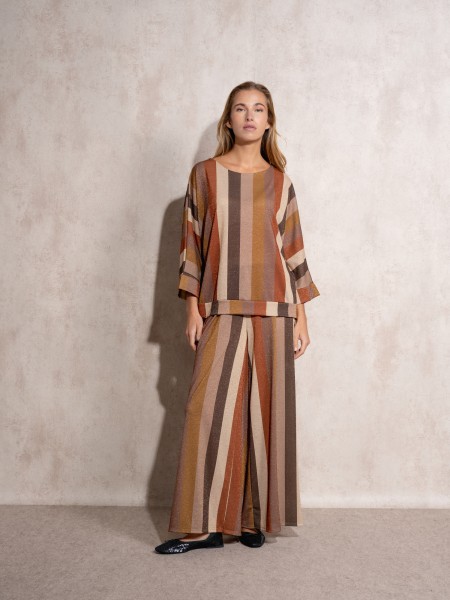 Fluid metallic thread striped trousers