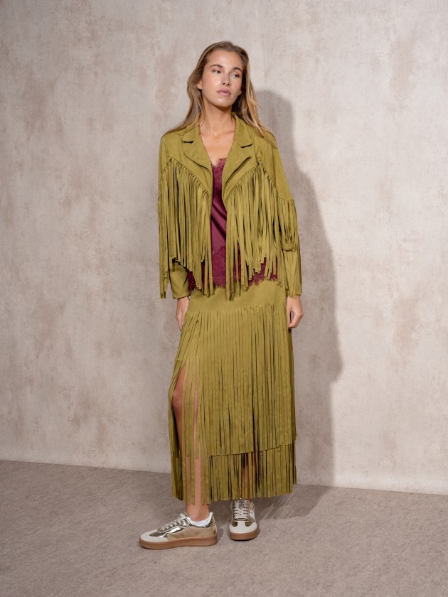 Suede effect coat with fringes
