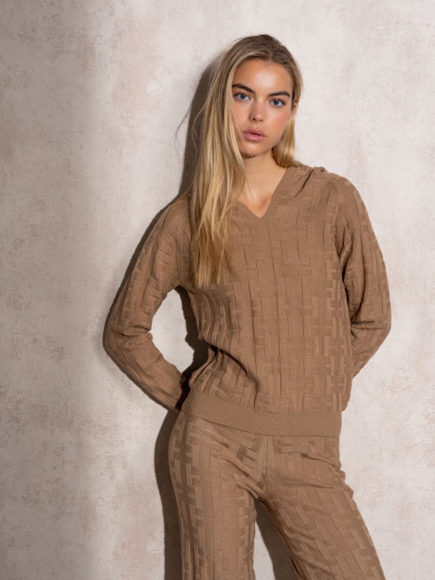 Jacquard hooded knit sweater