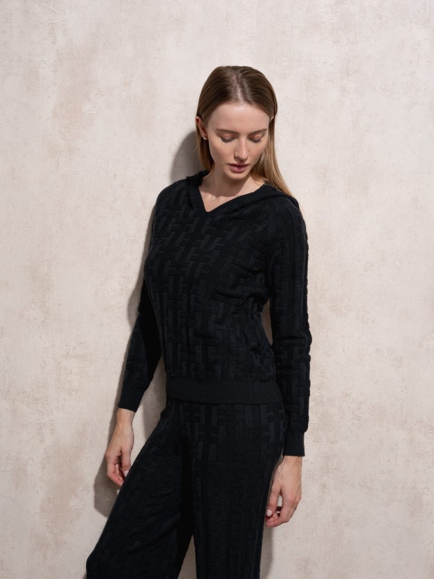 Jacquard hooded knit sweater